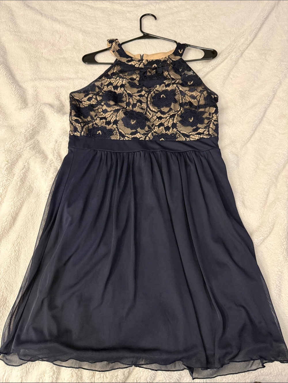 Enfocus Studio Navy and Cream Lace Halter Dress